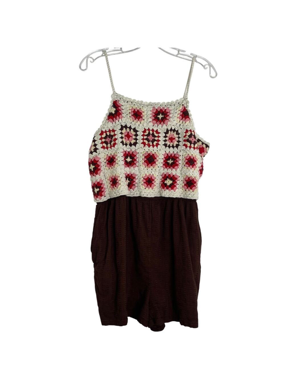 Lucky Brand Brown Hippie Granny Square Crochet Romper Women's Large Y2K